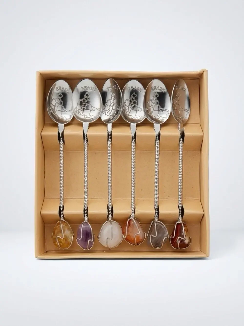 Vintage Brazil Silver Tone Gemstone Oriental Demitasse spoons Setof6 originalbox